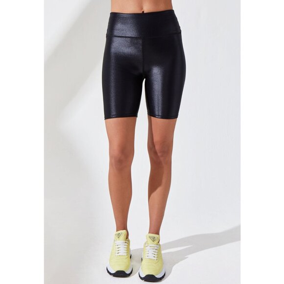 Black Dark Glossy Shine Active Sporty Flowy Tank Top + Spandex Biker Shorts - Picture 5 of 6